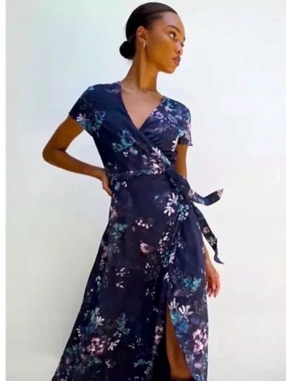 Aritzia Navy Floral Wrap Maxi Dress with Pink & Teal Accents
